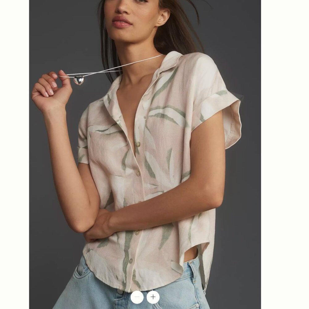 Cloth & Stone Anthropologie Short-Sleeve Linen Tropical Print Surf Shirt size XL